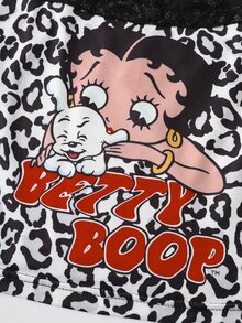 Betty Boop x SHEIN 女款蕾絲拼接細肩帶上衣與豹紋長褲睡衣套裝 - 黑色 - 查看 5