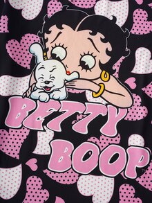Betty Boop x SHEIN Plus Size Cartoon Polka Dot Heart Print Nightgown - Black - View 4