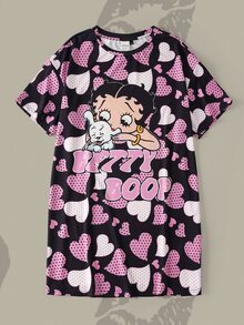 Betty Boop x SHEIN Plus Size Cartoon Polka Dot Heart Print Nightgown - Black - View 3