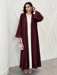 Al Najma Romantic Elegant Solid Color Flared Mesh Lace Decor Women's Abaya - Burgundy - View 1