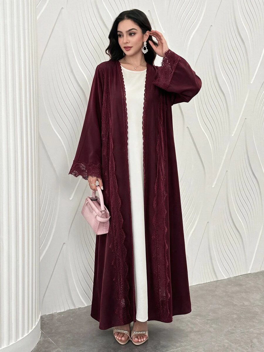 Al Najma Romantic Elegant Solid Color Flared Mesh Lace Decor Women's Abaya - Burgundy - View 1