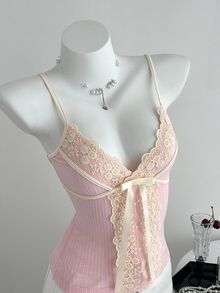 Elamini Women's Casual Lace Cute Lace Patchwork Knit Camisole, Summer/ Night Out Date Night Pink - Pink - View 3