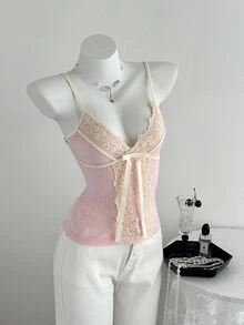 Elamini Women's Casual Lace Cute Lace Patchwork Knit Camisole, Summer/ Night Out Date Night Pink - Pink - View 6
