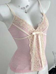 Elamini Women's Casual Lace Cute Lace Patchwork Knit Camisole, Summer/ Night Out Date Night Pink - Pink - View 7