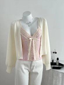 Elamini Women's Casual Lace Cute Lace Patchwork Knit Camisole, Summer/ Night Out Date Night Pink - Pink - View 8