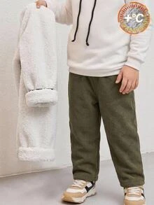 SHEIN 兒童小男孩休閒時尚極簡風豆沙綠燈芯絨複合保暖內裡休閒基礎長褲，保暖舒適，適合秋冬季節，穿搭、返校、街拍、旅行、度假、秋季穿搭、秋季下身 - 軍綠色 - 查看 2