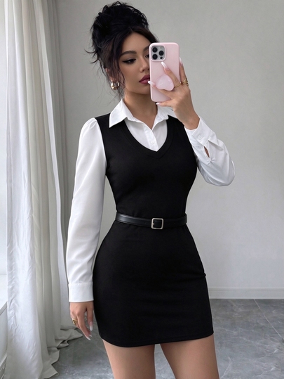 Selianne Autumn Women's 2-In-1 Shirt Dress, Patchwork Lapel Long Sleeve Black & White Contrast V-Neck Sleeveless Knit Bodycon Mini Dress, Minimalist Preppy Elegant Casual Slim Fit Black Dress, French Chic, Suitable For Daily Wear, Commute, Date, Nightclub, Party, Brunch