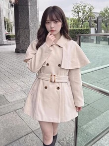 Bijouette 2件組大尺碼女款純色披肩式雙排扣長袖外套 冬季 - 杏色 - 查看 12