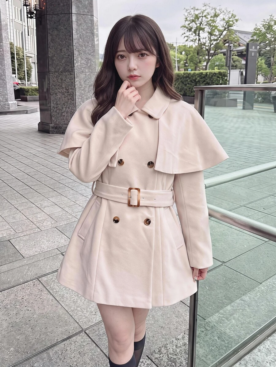 Bijouette 2 áo khoác nữ size lớn màu trơn dáng khăn choàng, tay dài, hai hàng cúc, mùa đông - Màu be - Xem 1