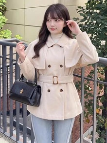 Bijouette 2件組大尺碼女款純色披肩式雙排扣長袖外套 冬季 - 杏色 - 查看 11