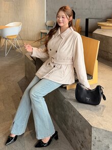 Bijouette 2件組大尺碼女款純色披肩式雙排扣長袖外套 冬季 - 杏色 - 查看 9