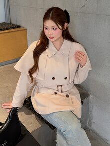 Bijouette 2件組大尺碼女款純色披肩式雙排扣長袖外套 冬季 - 杏色 - 查看 4