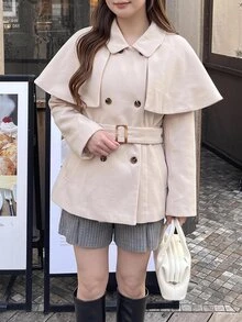 Bijouette 2件組大尺碼女款純色披肩式雙排扣長袖外套 冬季 - 杏色 - 查看 10