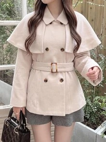 Bijouette 2件組大尺碼女款純色披肩式雙排扣長袖外套 冬季 - 杏色 - 查看 14