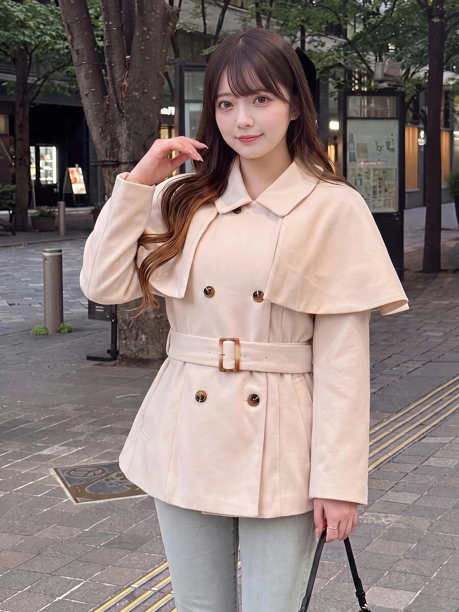 Bijouette 2件組大尺碼女款純色披肩式雙排扣長袖外套 冬季 - 杏色 - 查看 1