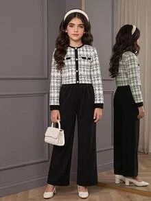 Firerie Kids طقم تي شيرت وبنطلون طويل للبنات المراهقات، موضة خريف/شتاء، أنيق للارتداء اليومي، بطبعة وألوان أسود وأبيض بتصميم كتل لونية ورقعات، للمناسبات الرسمية للأطفال - أبيض وأسود - مشاهدة 1