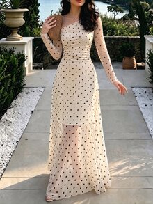 SHEIN PariChic Women's Fashion Polka Dot Asymmetrical Shoulder Mesh Long Sleeve Ruched Waist Flared Slimming Long Dress, Suitable For Party, Date, Dinner, Vacation - Apricot - View 8