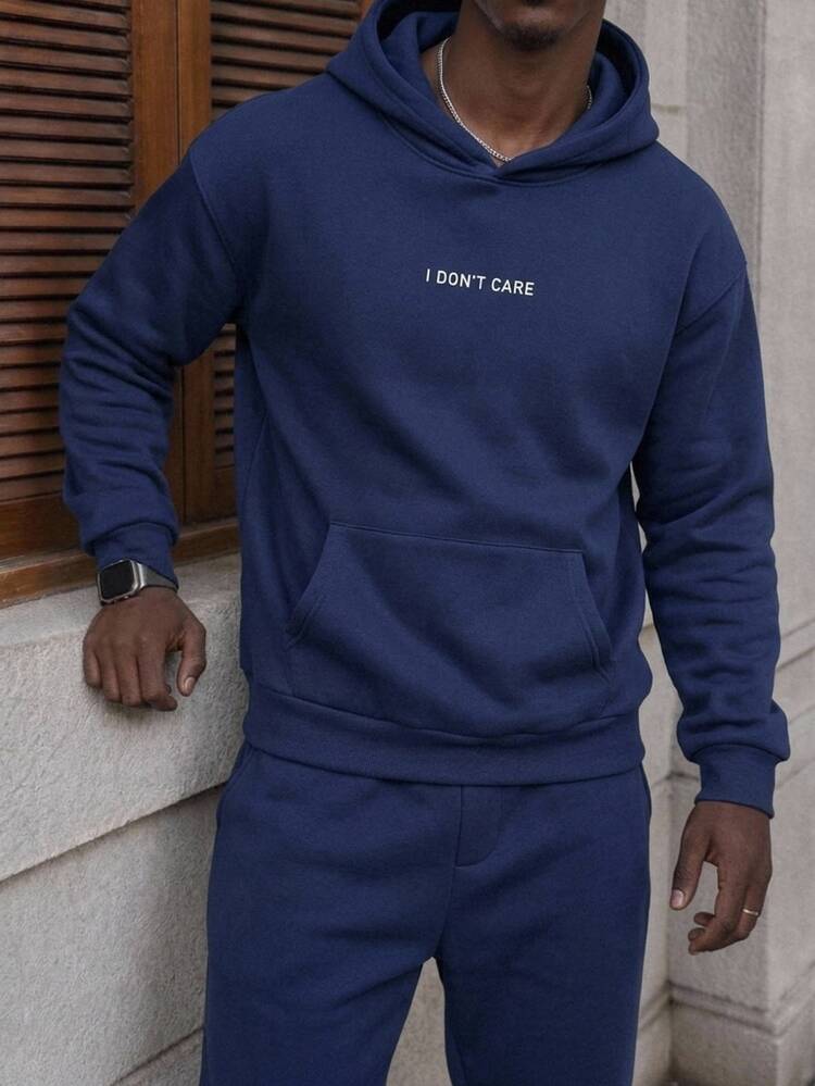 Manfinity RebelGame Men's Letter Print Pocket Long Sleeve Hoodie For Winter Warm Fleece Deep Blue Casual Outwear Halloween Winter Party Autumn  - Navy Blue - View 1