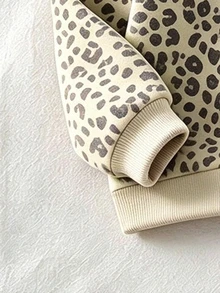女嬰豹紋長袖運動衫與運動長褲休閒日常套裝 冬季 - 米色 - 查看 3