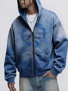 ROMWE MEN 男士時尚休閒水洗做舊印花拼色拉鍊長袖運動衫 - 藍色 - 查看 7
