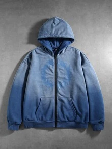 ROMWE MEN 男士時尚休閒水洗做舊印花拼色拉鍊長袖運動衫 - 藍色 - 查看 6
