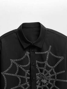 NEON BLANC Men's Autumn Fashion Spider Web Rhinestone Shirt Men Slim Fit Party Gift For Husband, Boyfriend, Son, Halloween Winter Autumn - Black - View 6