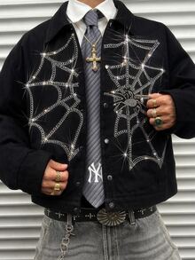 NEON BLANC Men's Autumn Fashion Spider Web Rhinestone Shirt Men Slim Fit Party Gift For Husband, Boyfriend, Son, Halloween Winter Autumn - Black - View 9