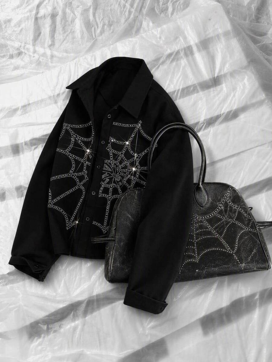 NEON BLANC Men's Autumn Fashion Spider Web Rhinestone Shirt Men Slim Fit Party Gift For Husband, Boyfriend, Son, Halloween Winter Autumn - Black - View 1