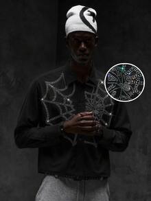 NEON BLANC Men's Autumn Fashion Spider Web Rhinestone Shirt Men Slim Fit Party Gift For Husband, Boyfriend, Son, Halloween Winter Autumn - Black - View 8