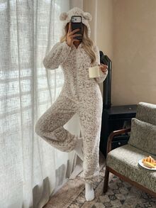 CovetEZ 女款連帽拉鍊式毛球長袖連身褲，可愛白色豹紋抓絨內裡居家休閒連身褲 - 彩色 - 查看 10