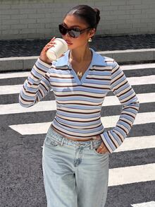 Muchica Autumn New Women's Vintage Preppy Style Striped Color Block Polo Collar Long Sleeve Ruched Waist T-Shirt - White - View 4