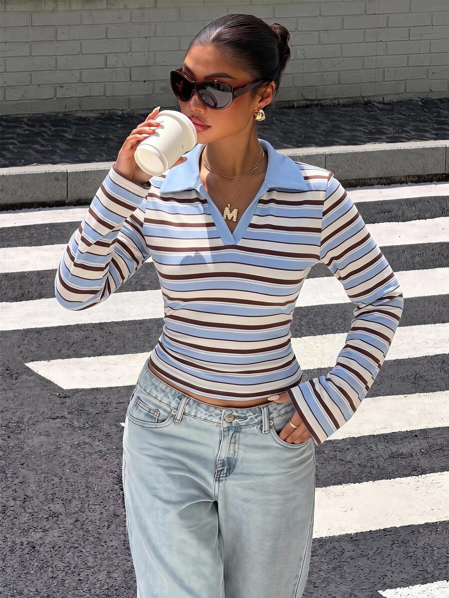 Muchica Autumn New Women's Vintage Preppy Style Striped Color Block Polo Collar Long Sleeve Ruched Waist T-Shirt - White - View 1