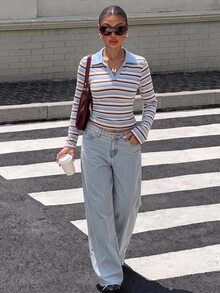 Muchica Autumn New Women's Vintage Preppy Style Striped Color Block Polo Collar Long Sleeve Ruched Waist T-Shirt - White - View 3