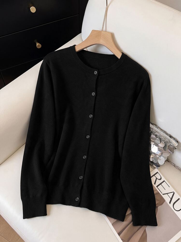 SHEIN CURVE+ Plain Casual Long Sleeve Plus Size Cardigan In Fall/Winter - Black - View 1