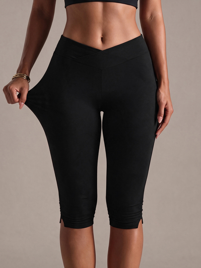 Costa Lumi Women's Black Elastic Casual Sports Leggings, Criss-Cross Waist Design, High Waist Tummy Control Butt Lifting Tight Fit Leggings With Split Hem, Summer Thin Style, Suitable For Fitness, Workout, Training, Running, Weightlifting, Outdoor Activities, Commuting, Knee-Length, Comfortable And Snug Fit
