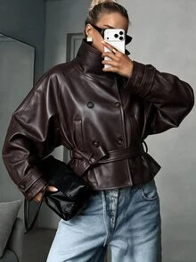Struktiv Funnel Neck Double Breasted Belted Faux Leather Cropped Jacket - Coffee Brown - View 3