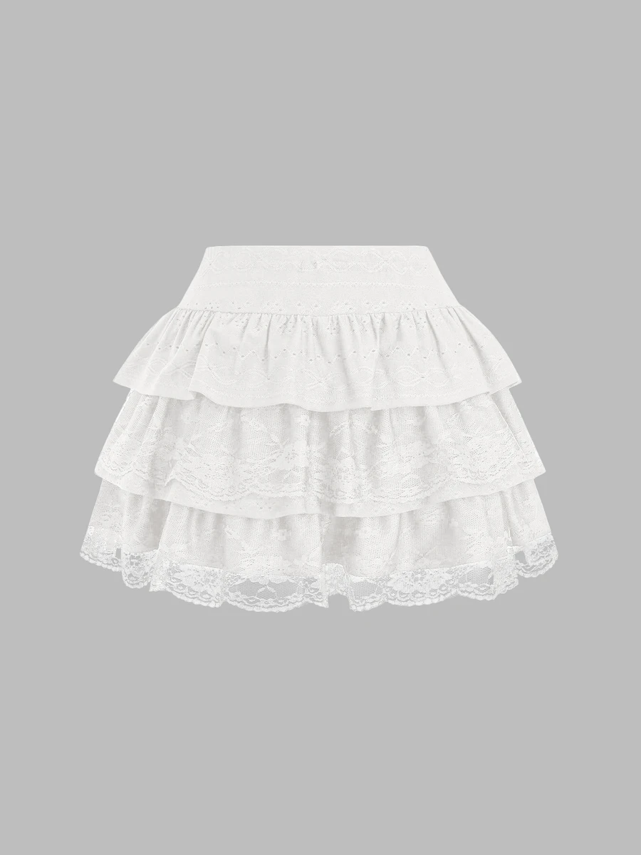 Sweetra Black Jacquard Textured Fabric With Lace Trim Y2K Layered A-Line Peplum Ruffle Skirt, Slimming Mini Skirt - White - View 1