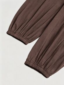 EMERY ROSE Plus Size Women's Casual Elegant Brown Side Pocket Bowknot Decor Tapered Pants, Suitable For Casual Wear, Daily Wear, Small Entertainment Wear Fall - Brown - View 5