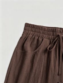 EMERY ROSE Plus Size Women's Casual Elegant Brown Side Pocket Bowknot Decor Tapered Pants, Suitable For Casual Wear, Daily Wear, Small Entertainment Wear Fall - Brown - View 4