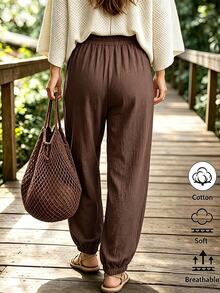 EMERY ROSE Plus Size Women's Casual Elegant Brown Side Pocket Bowknot Decor Tapered Pants, Suitable For Casual Wear, Daily Wear, Small Entertainment Wear Fall - Brown - View 2