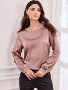 EMERY ROSE 女款優雅通勤風圓領長袖襯衫 - 中紫紅色 - 查看 5