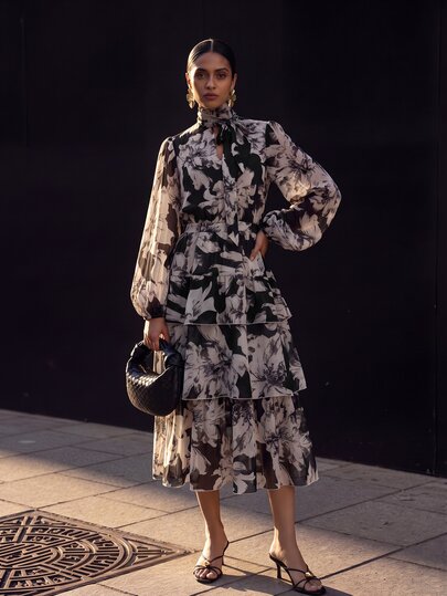 Zivah New Elegant Women's Vacation Palace Bohemian Style Black & Apricot Floral Print Dress With Tie-Up Hollow Puff Long Sleeves, Suitable For Multiple Occasions
