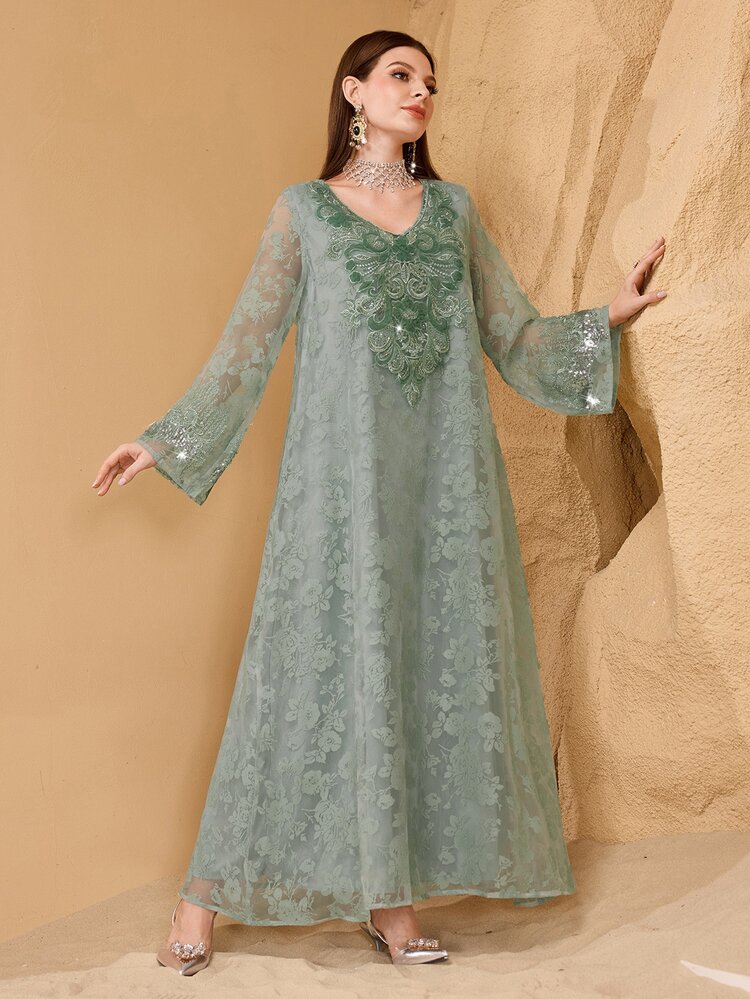 SHEIN Najma Glamorous Cutwork Fabric, Sequin Embroidery Romantic Young Ladies' Fashion Dress Kaftan Jalabiya Dress - Mint Green - View 7