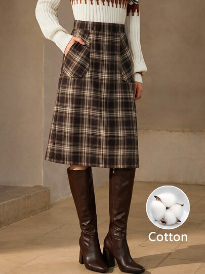 SHEIN LUNE Casual Vintage Preppy Women's Fall/ Plaid Pocket Skirt Thanksgiving School Office Brown Plaid Winter Clothes Autumn Clothes Plaid Skirt