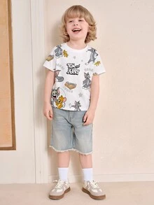 TOM & JERRY X SHEIN Young Boy Casual Letter & Cartoon Graphic Round Neck Short Sleeve T-Shirt, Summer - White - View 1