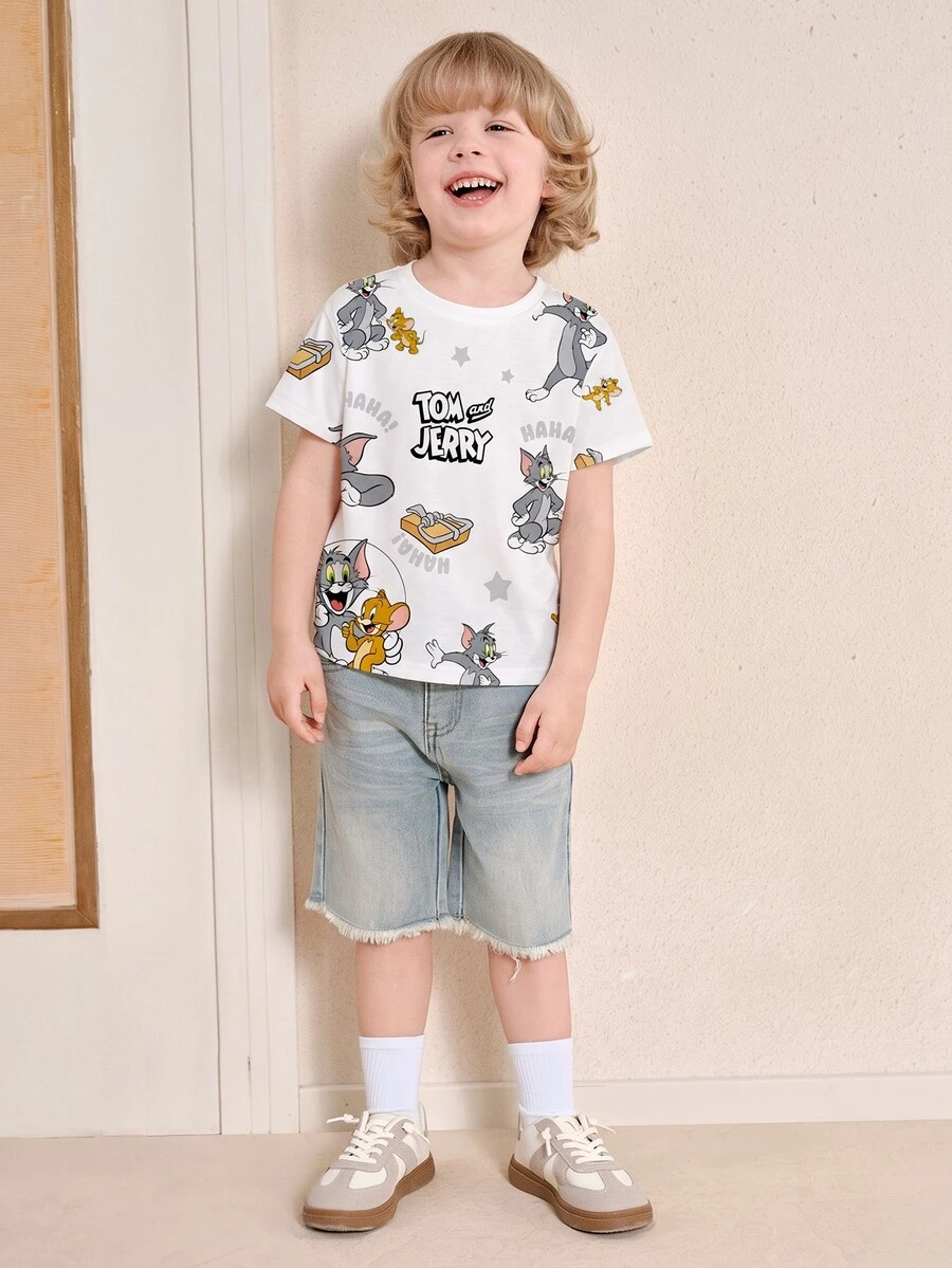 TOM & JERRY X SHEIN Young Boy Casual Letter & Cartoon Graphic Round Neck Short Sleeve T-Shirt, Summer - White - View 1