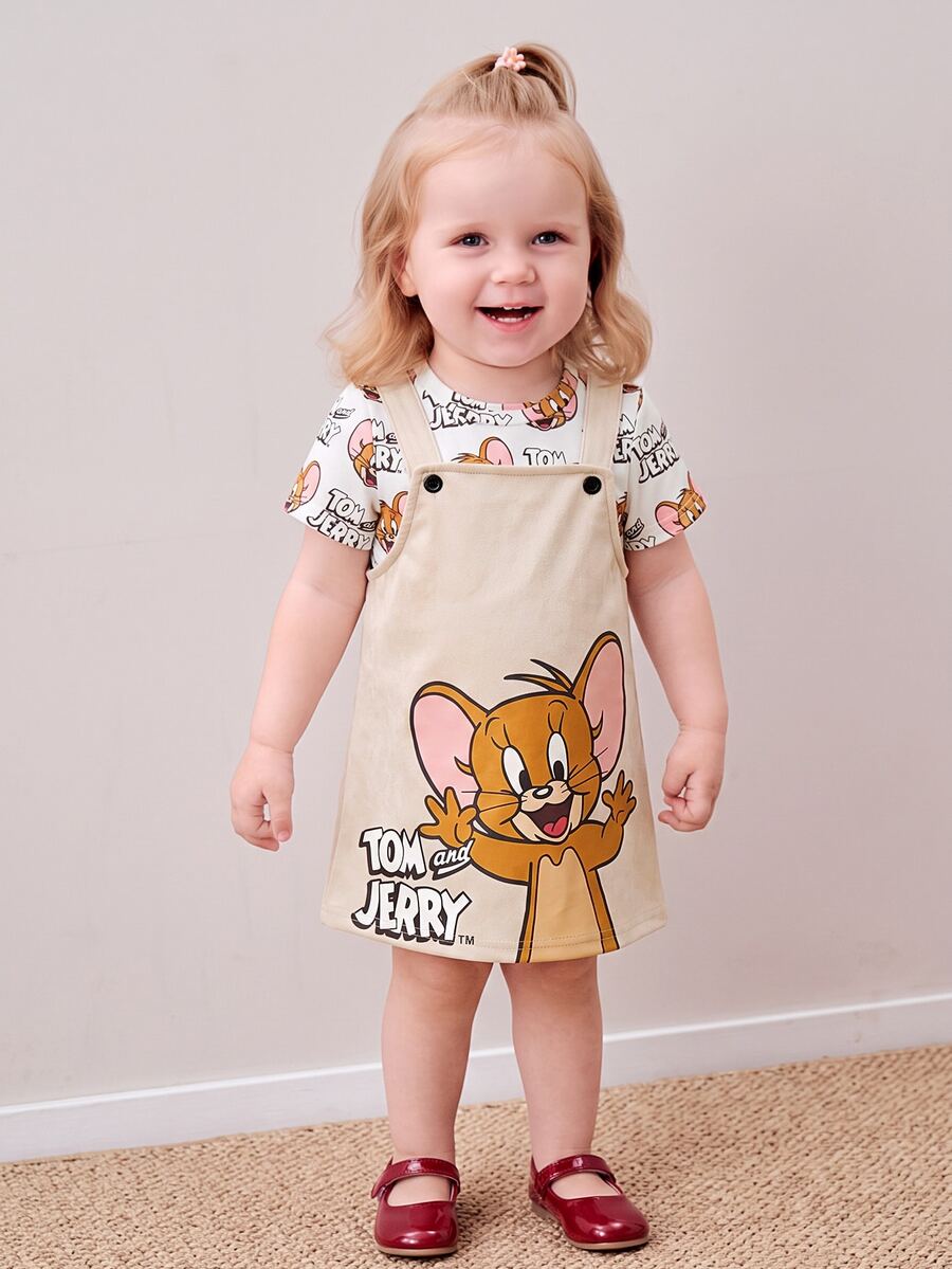 TOM & JERRY X SHEIN Baby Girl Cartoon Print Short Sleeve T-Shirt And Suspender Dress Casual Set - Apricot - View 1
