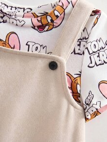 TOM & JERRY X SHEIN Baby Girl Cartoon Print Short Sleeve T-Shirt And Suspender Dress Casual Set - Apricot - View 5