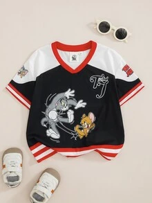 TOM & JERRY X SHEIN 小男孩對比色字母卡通印花休閒日常短袖T恤 - 彩色 - 查看 2