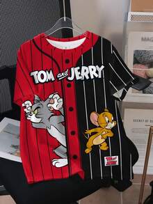 TOM & JERRY X SHEIN Tween Boy Striped & Cartoon Graphic Color Block Round Neck Short Sleeve T-Shirt - White - View 2